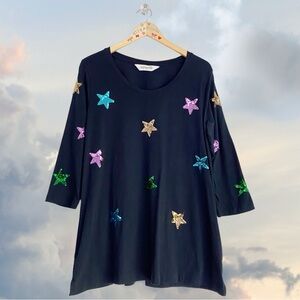 Virtuelle 3/4 Sleeve Star Sequins Print Votron Blend Top Women’s 12 Deep Navy